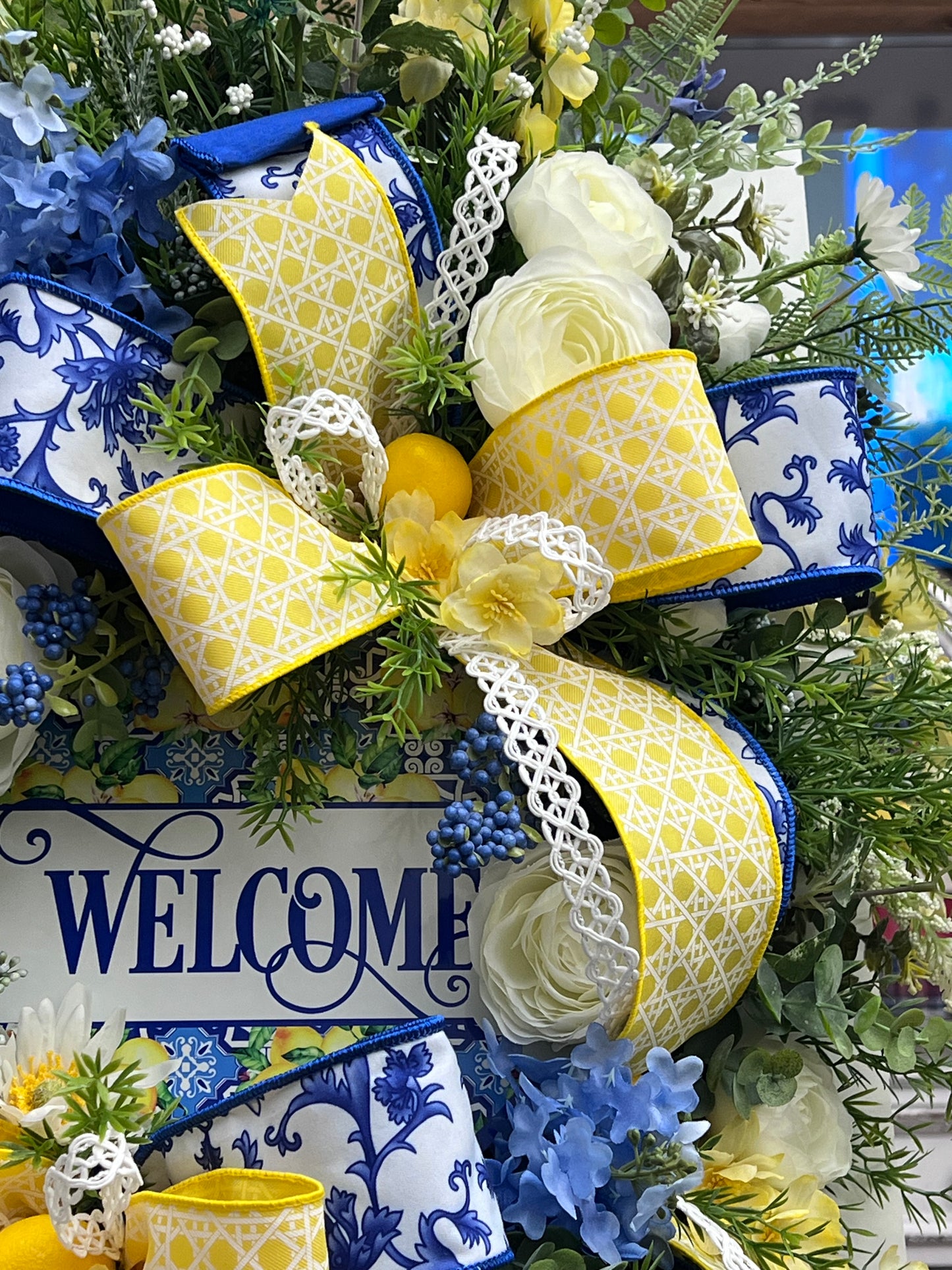 “Blueberry Lemonade” Lemon Welcome Door Swag, Spring Floral Front Porch Decor, Summer Lemon Housewarming Gift