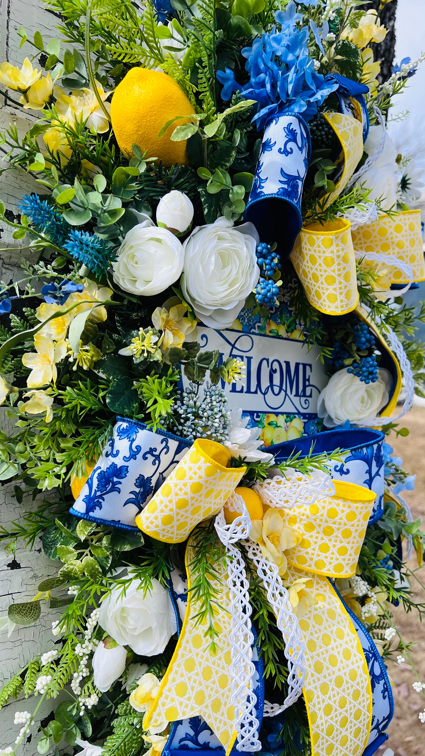 “Blueberry Lemonade” Lemon Welcome Door Swag, Spring Floral Front Porch Decor, Summer Lemon Housewarming Gift