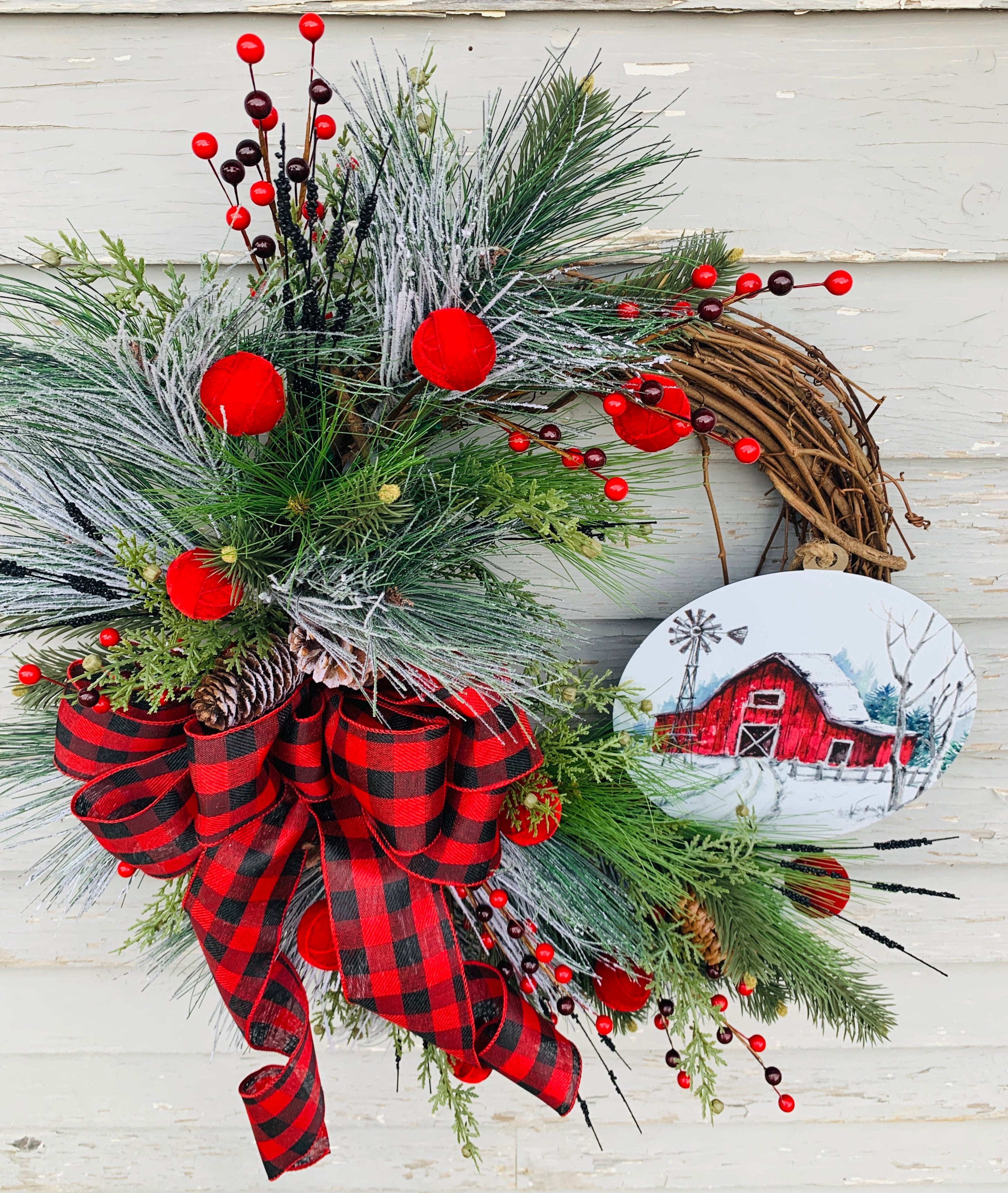 Red & Green Ribbon Grapevine Wreath